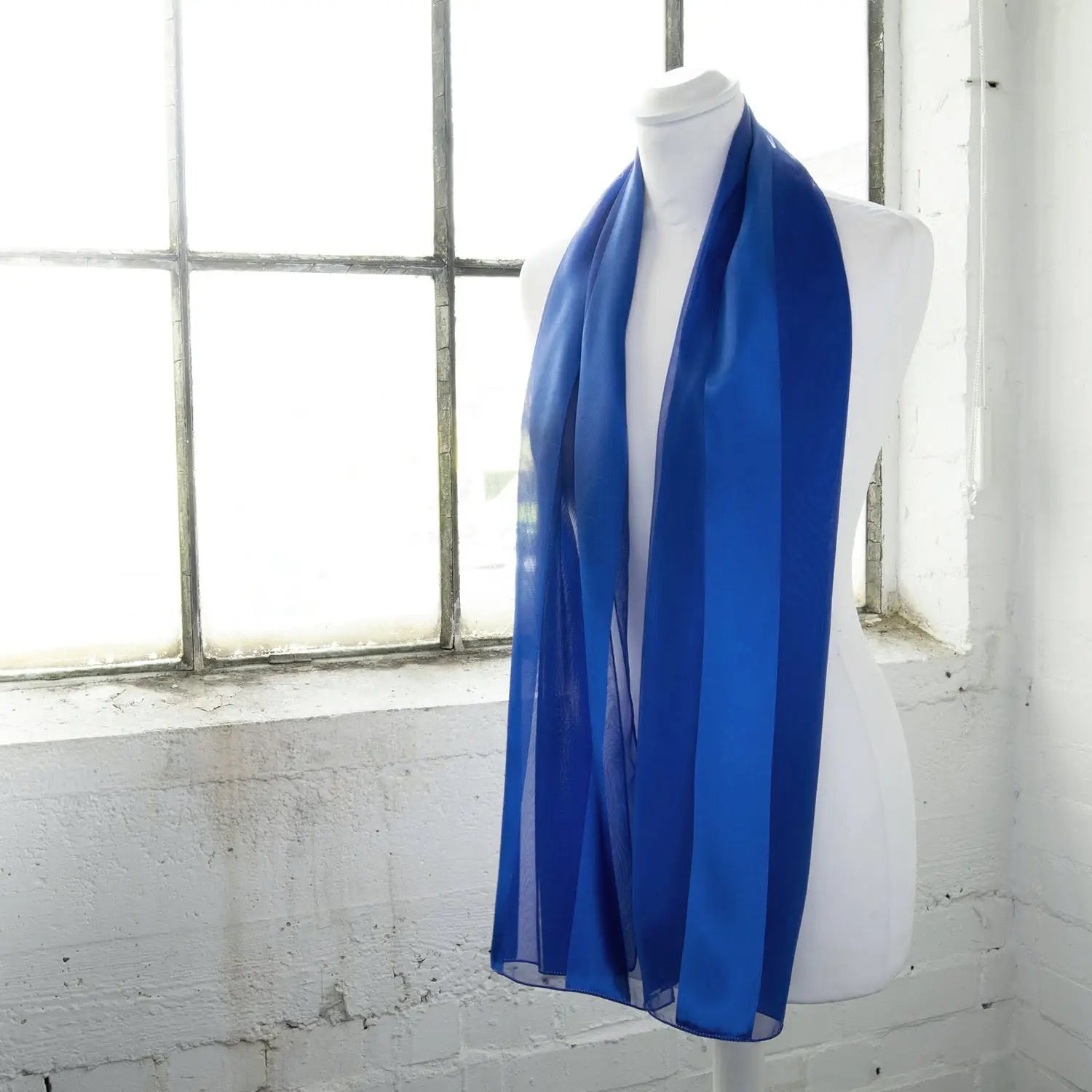 Blue satin stripe scarf displayed on mannequin - Solid Shimmering Satin Stripe Scarf - Lightweight