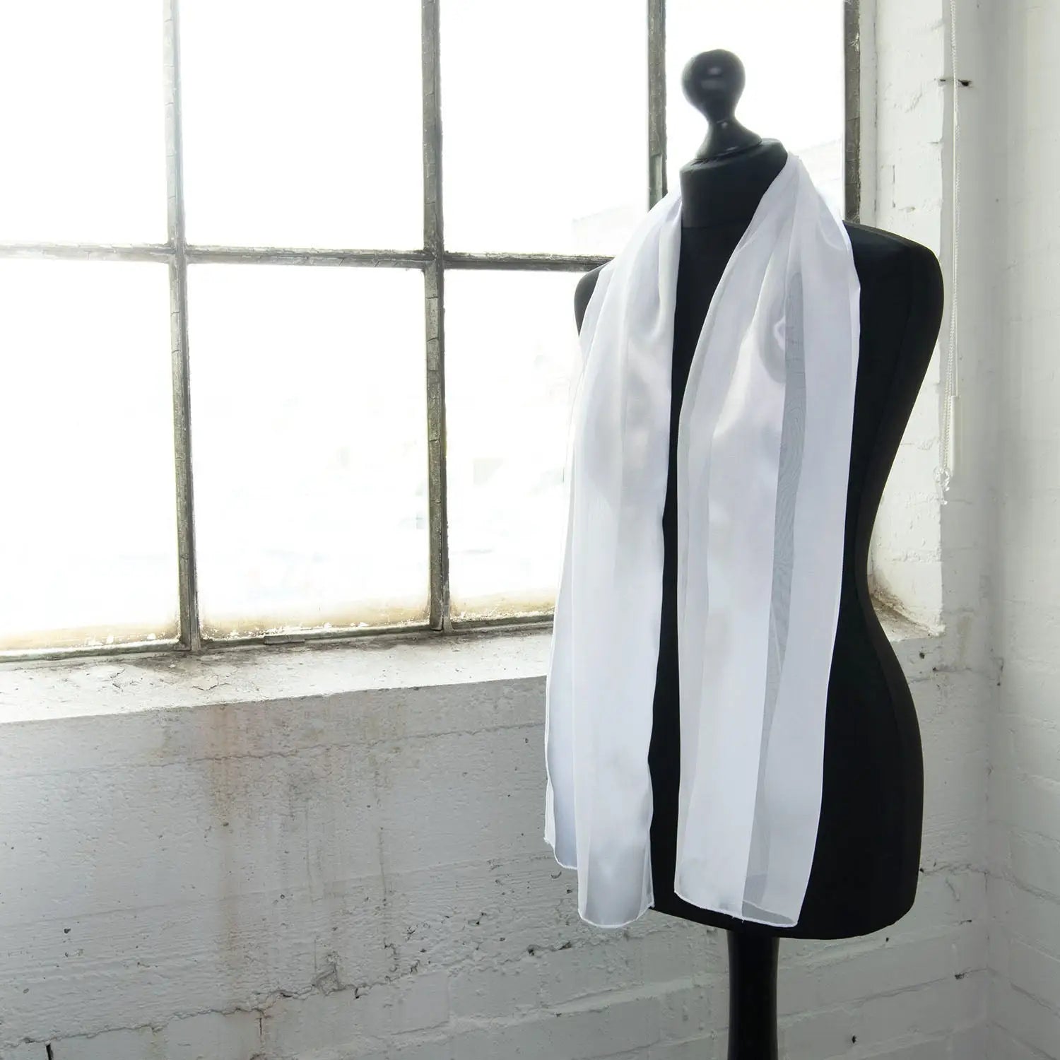 White satin stripe scarf on mannequin - Solid Shimmering Satin Stripe Scarf - Lightweight