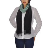 Sophisticated Embroidered Dip Dye Tassel Soft Scarf showed on woman.