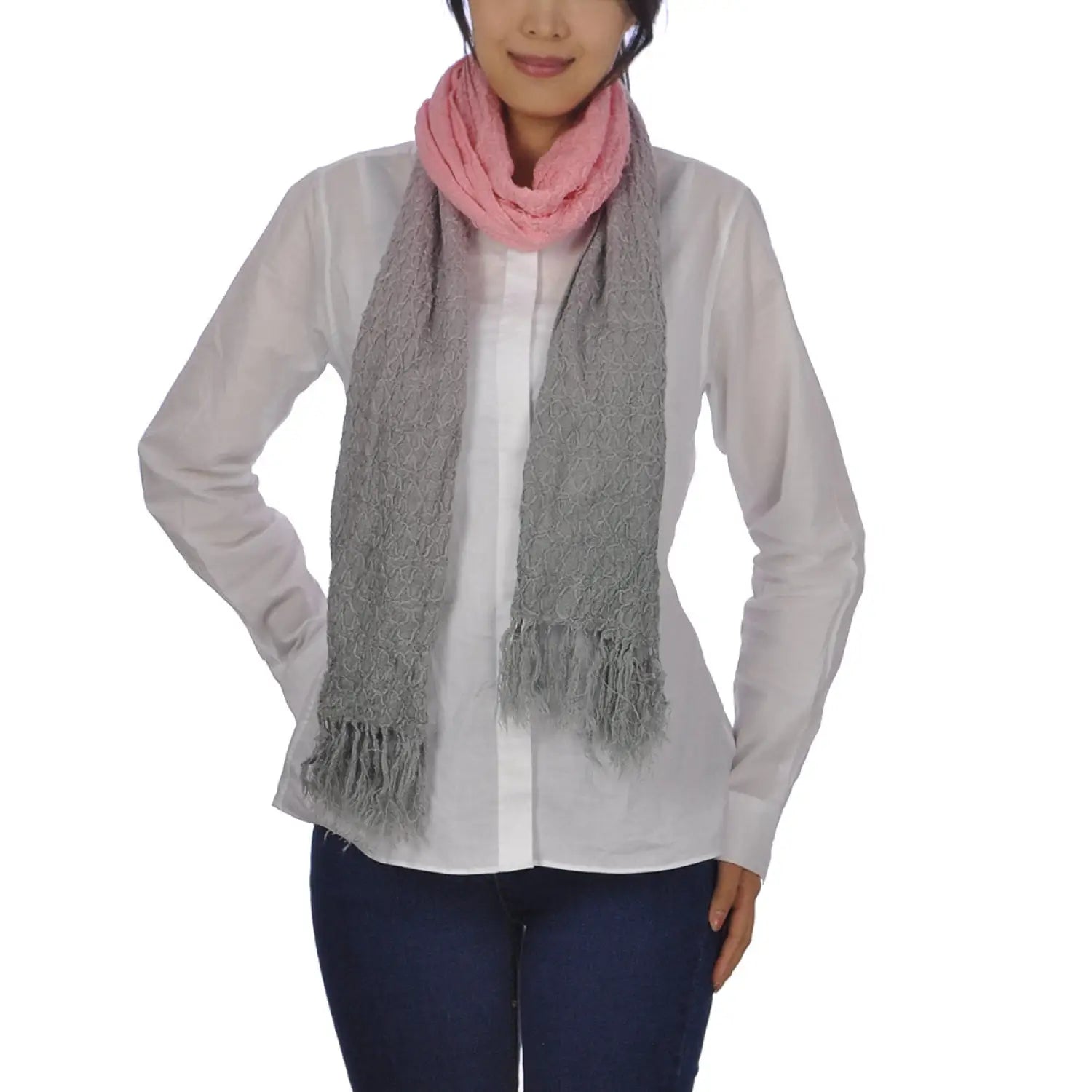 Sophisticated embroidered dip dye scarf with hat - woman wearing a scarf and hat