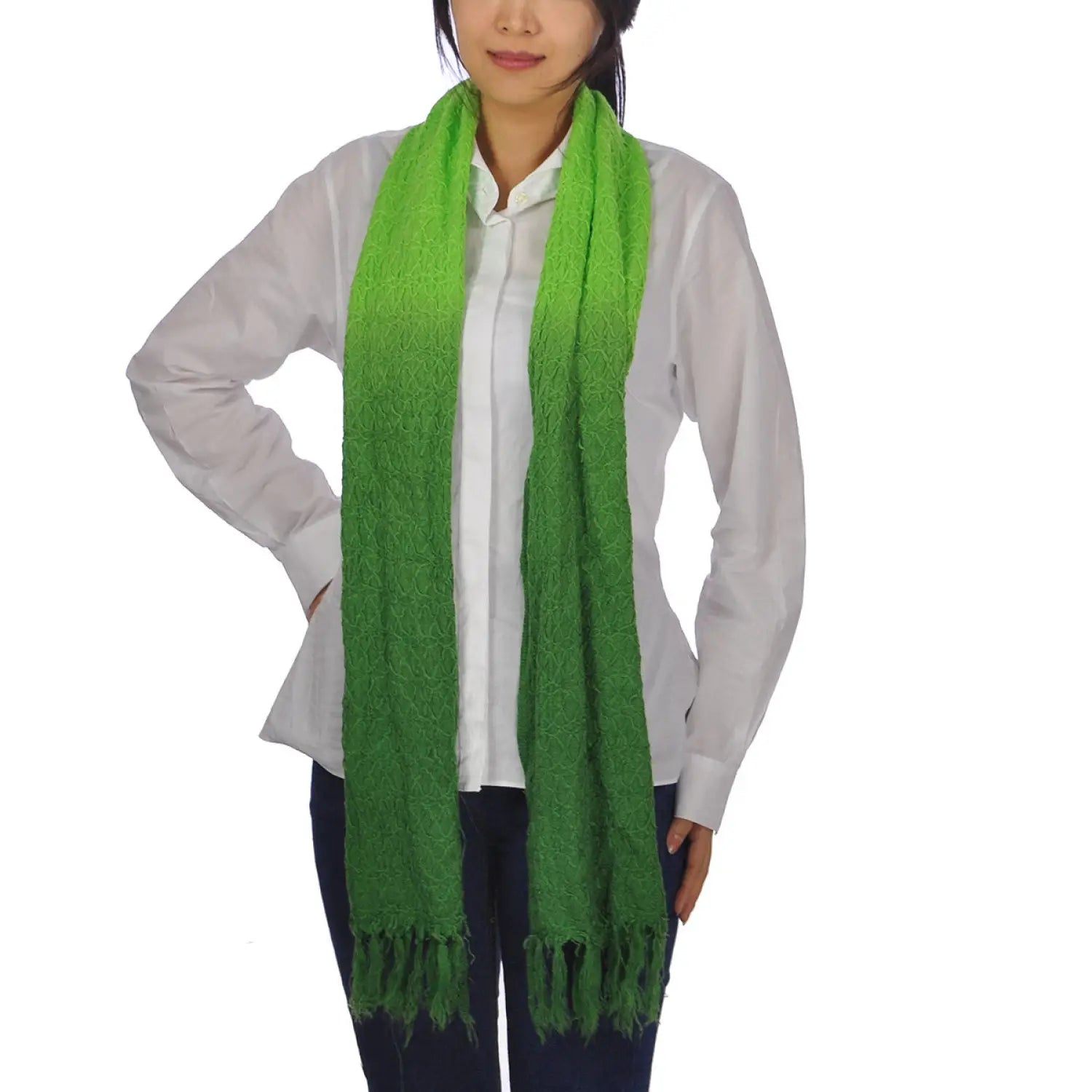Stylish woman in green scarf from Sophisticated Embroidered Dip Dye Tasselled Soft Scarf