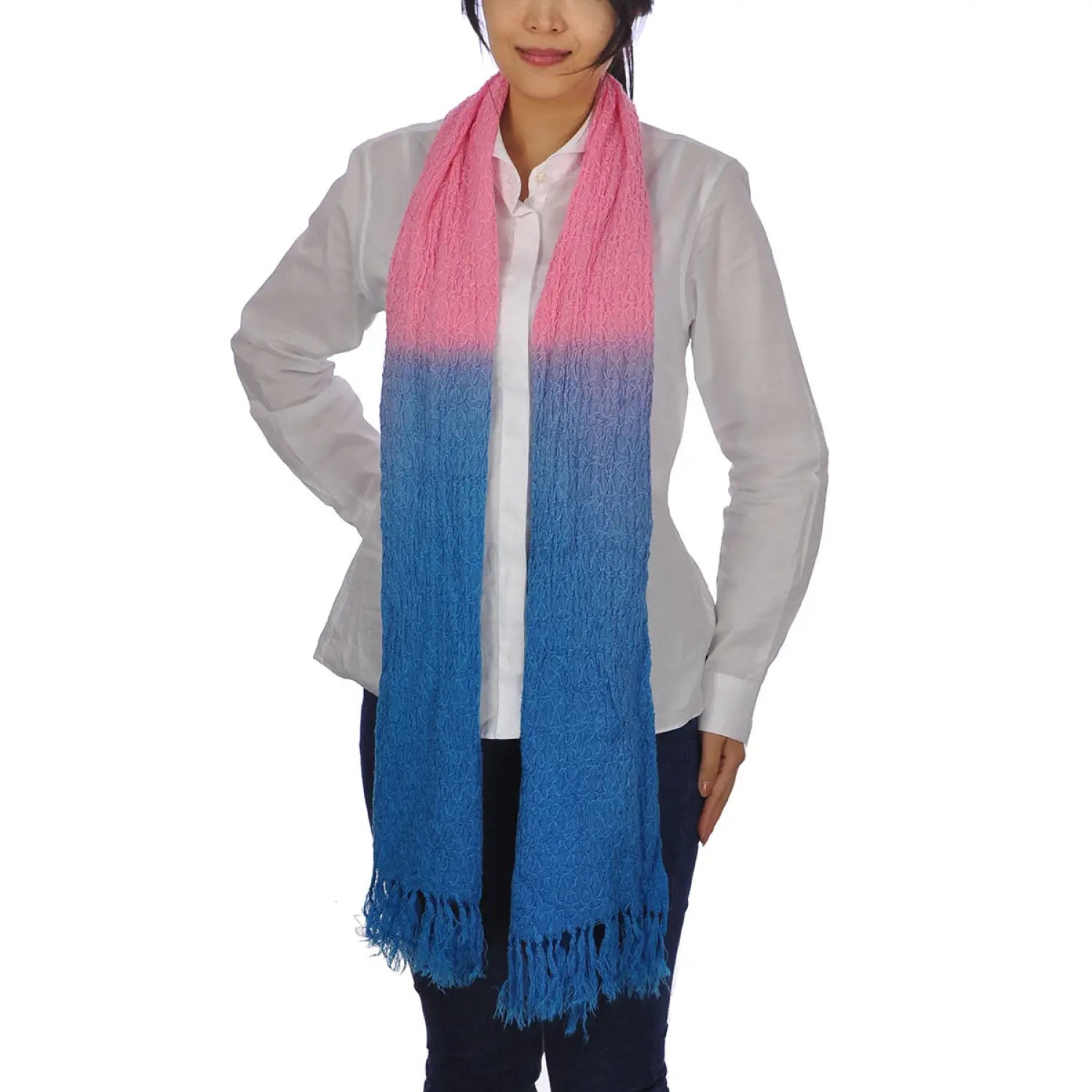 Sophisticated Embroidered Dip Dye Tasselled Soft Scarf - Woman wearing pink and blue scarf