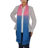 Sophisticated Embroidered Dip Dye Tasselled Soft Scarf - Woman wearing pink and blue scarf