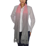 Woman wearing pink and grey embroidered dip dye scarf from Sophisticated Embroidered Dip Dye Tasselled Soft Scarf.