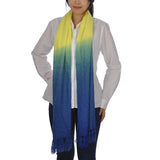Sophisticated Embroidered Dip Dye Tasselled Soft Scarf in blue and yellow worn by a woman