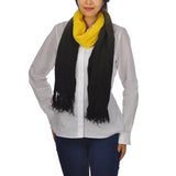 Sophisticated Embroidered Dip Dye Tasselled Soft Scarf with a woman wearing a black and yellow scarf