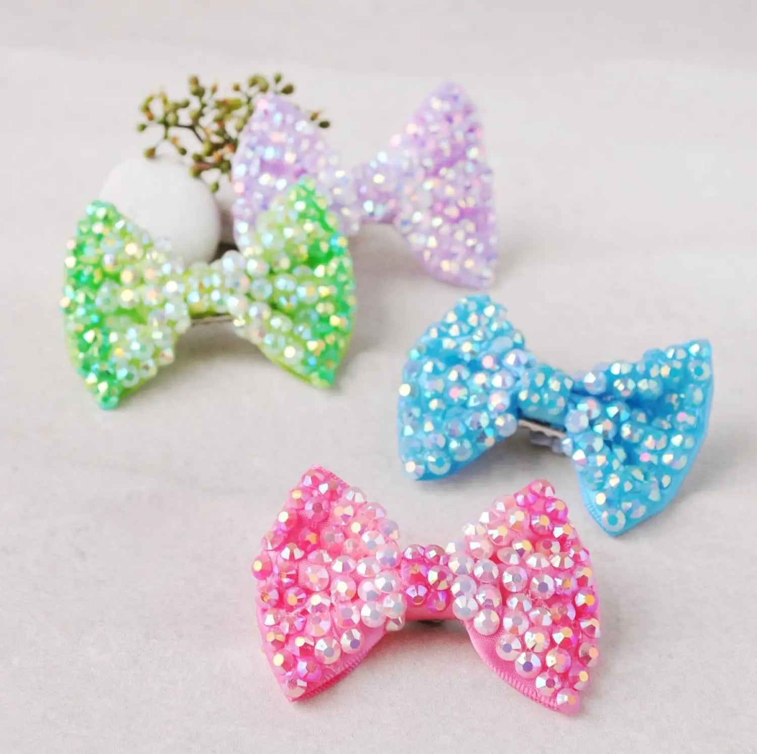 Colorful sequin sparkling bow rhinestone hair clips in set of 3