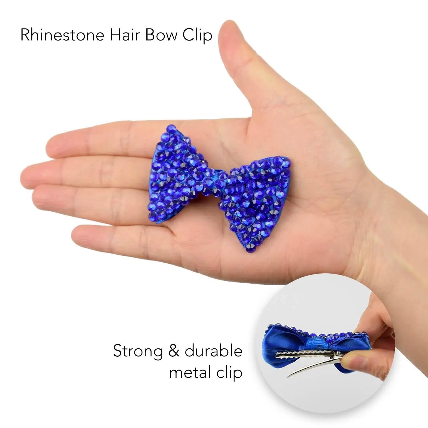 Close up of person holding scissors, part of Sparkling Bow Rhinestone Hair Clips Set.