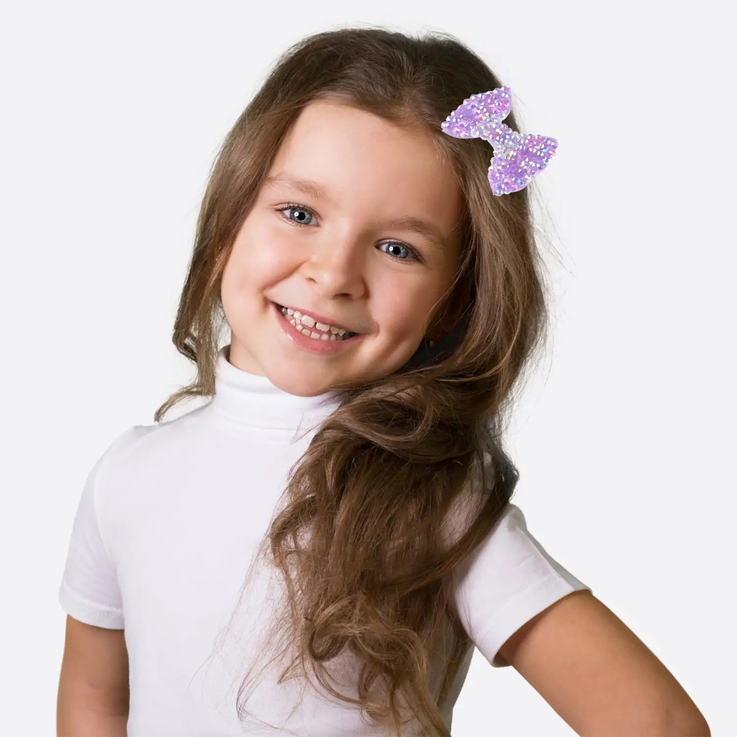 Little girl wearing Sparkling Bow Rhinestone Hair Clips with purple butterfly.
