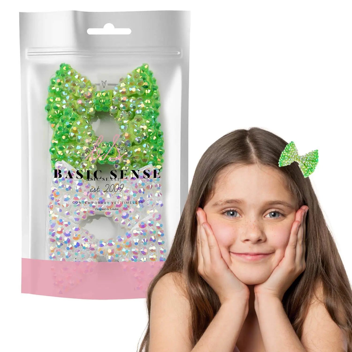 Close-up of girl with green bow on head, wearing Sparkling Bow Rhinestone Hair Clips.