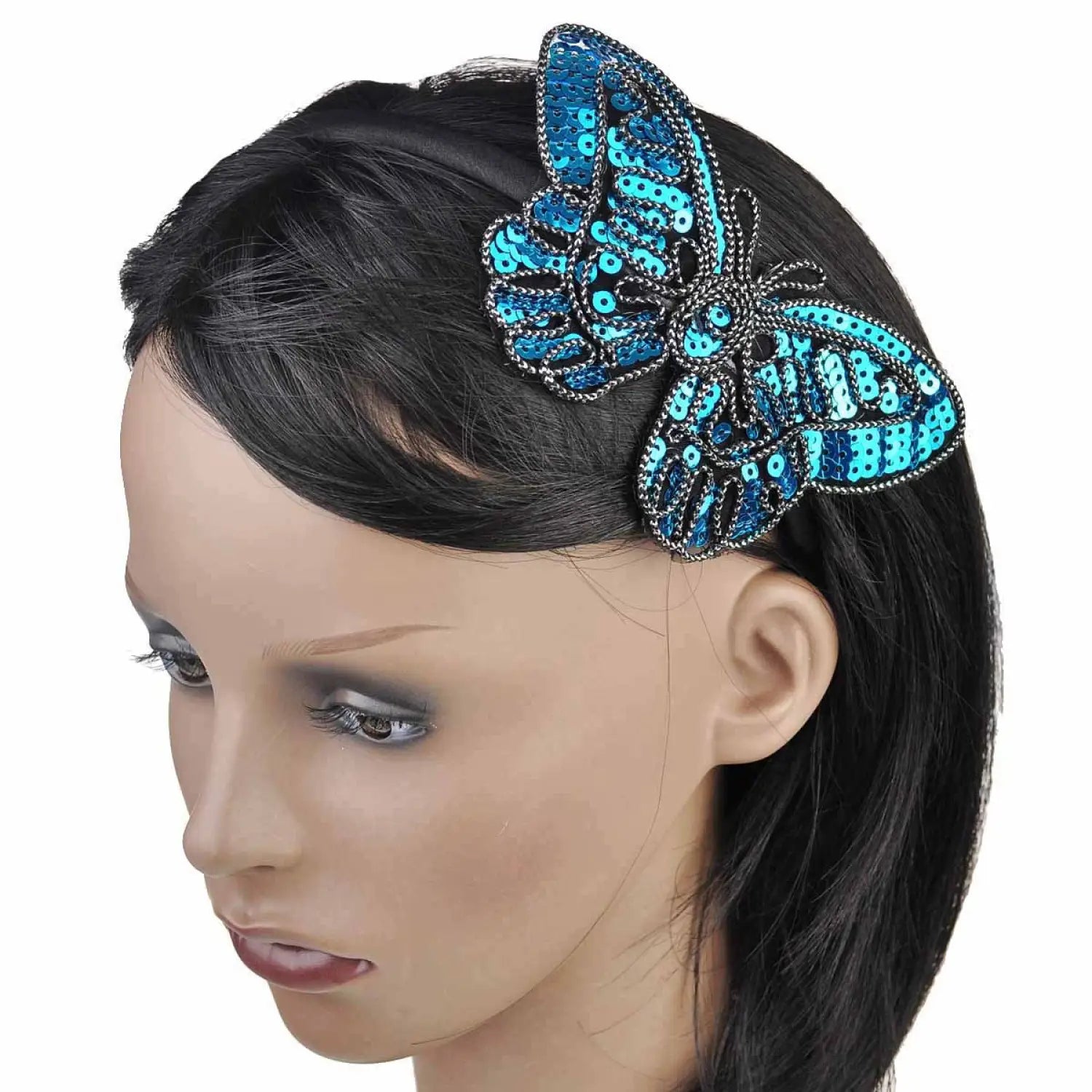 Blue butterfly hair clip on Sparkling Butterfly Alice Headband with Sequins & Spangles.