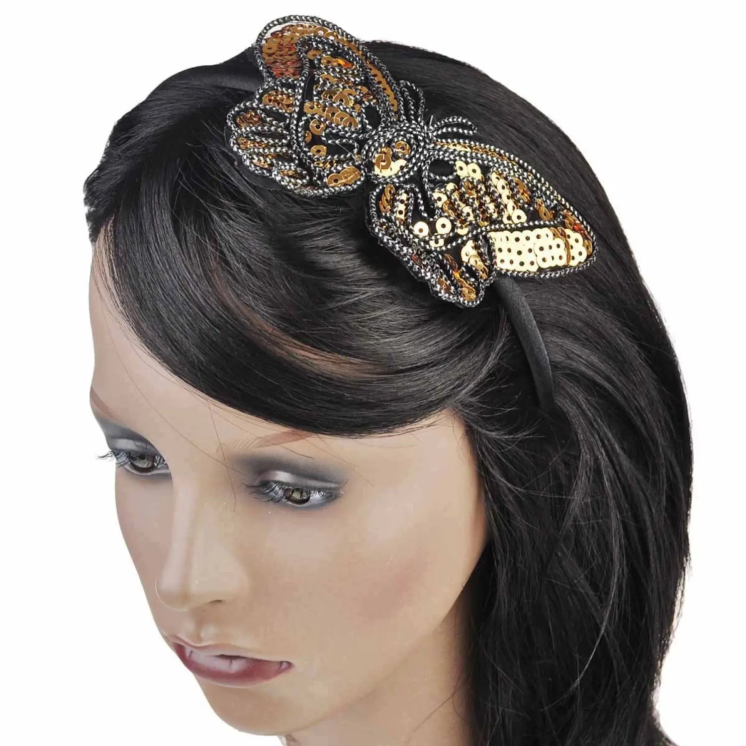 Woman wearing gold and black butterfly alice headband with sequins & spangles