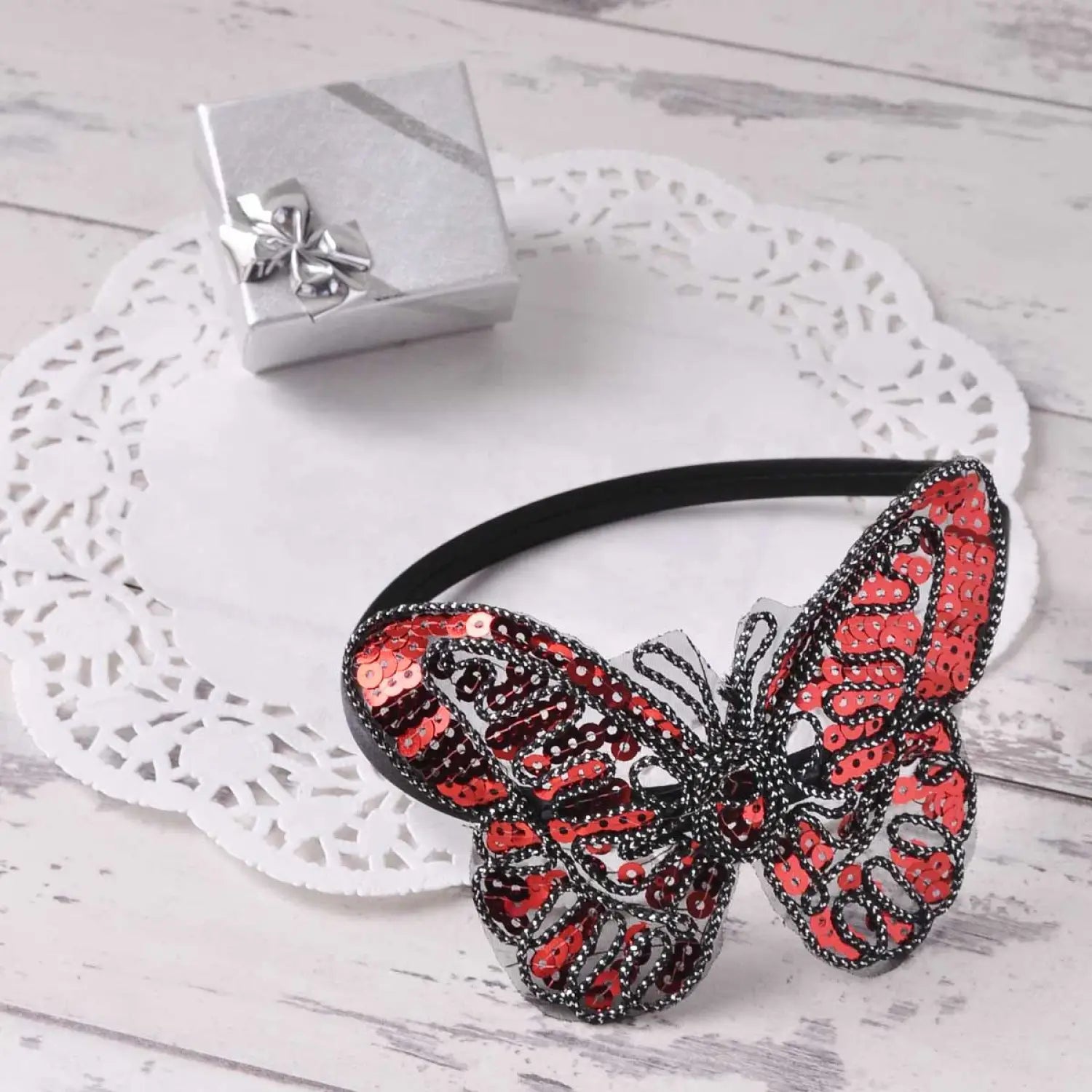 Red butterfly on black headband with gift box - Sparkling Butterfly Alice Headband with Sequins & Spangles