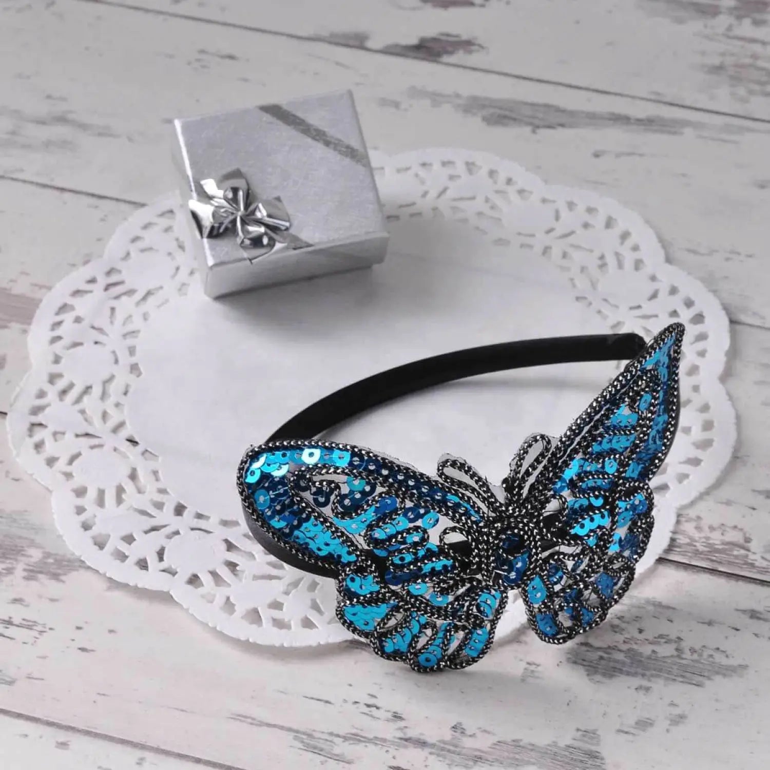 Blue butterfly alice headband with black beads