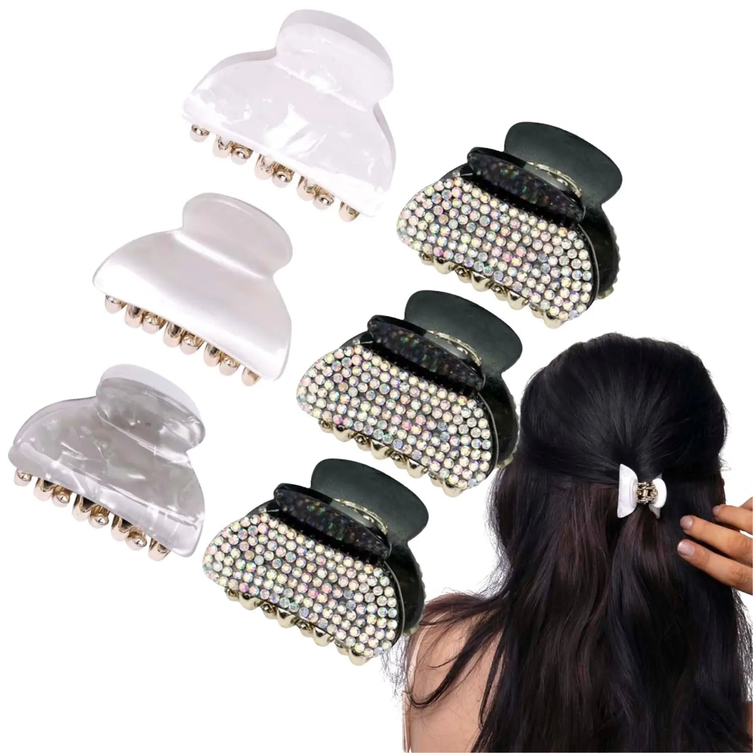 Woman combing her hair with sparkling small hair claw from a set of 6pcs