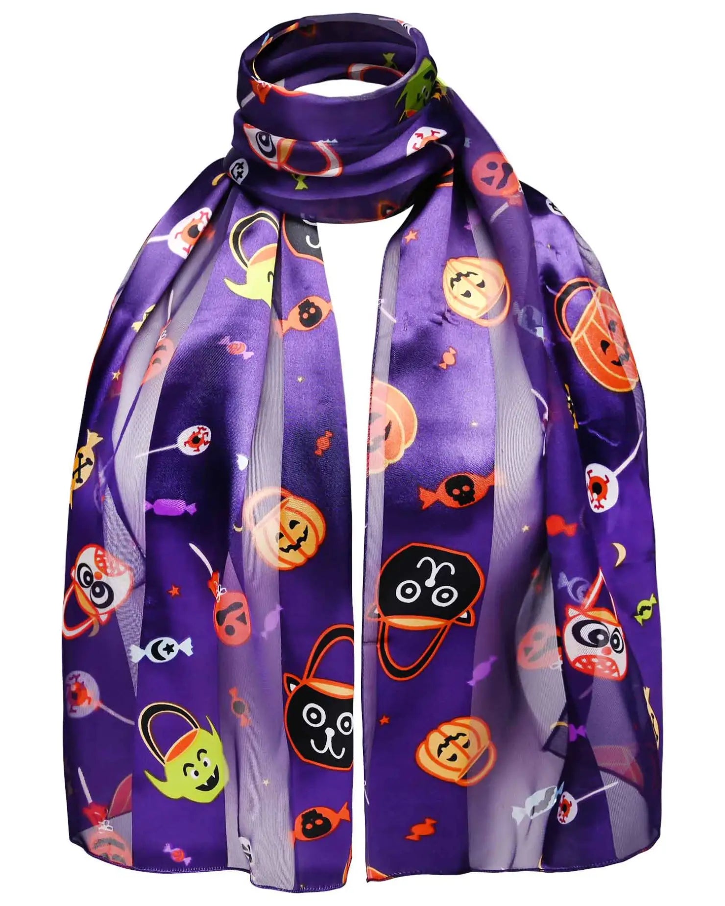Spooky Halloween Satin Stripe Scarf with Pumpkins Monsters and Ghosts - Purple - Scarves