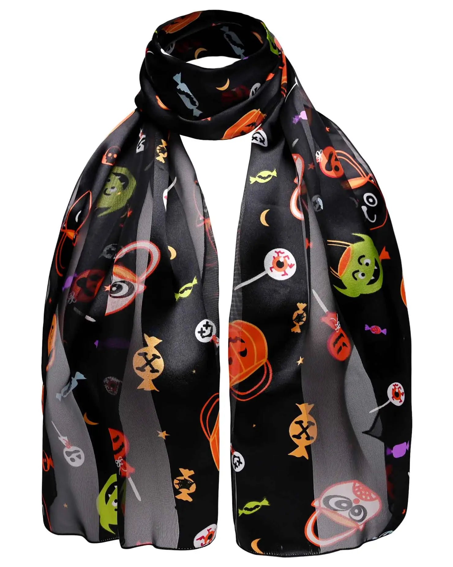 Spooky Halloween Satin Stripe Scarf with Pumpkins Monsters and Ghosts - Black - Scarves