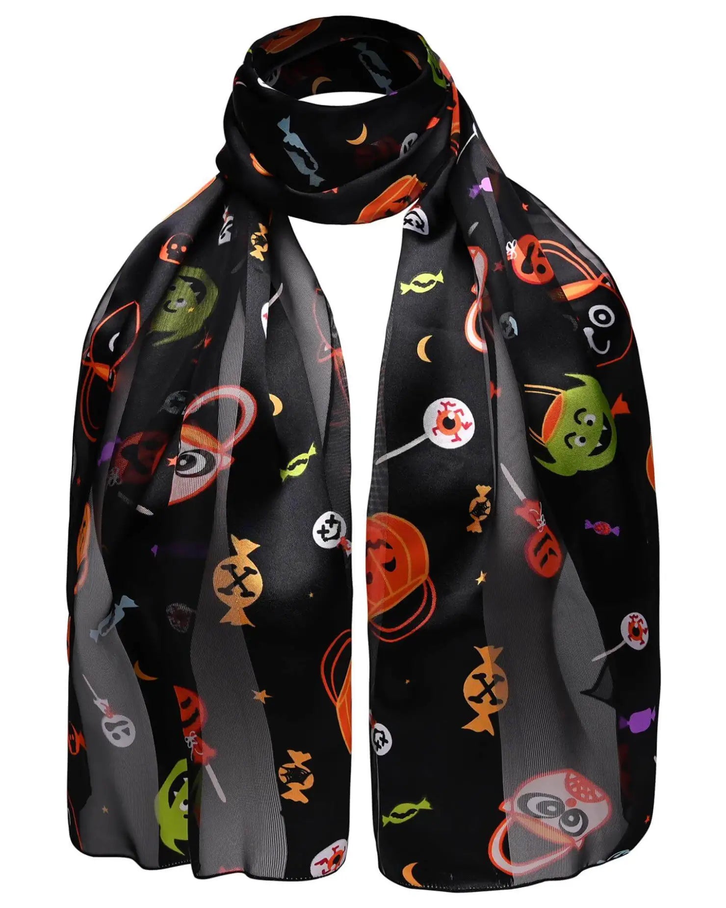 Spooky Halloween Satin Stripe Scarf with colorful cartoon characters