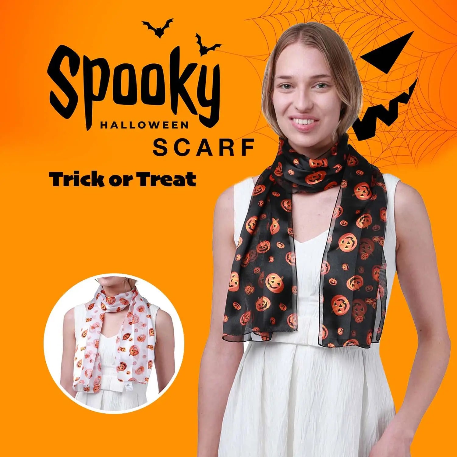 Girl in black and orange satin stripe scarf from Spooky Halloween collection