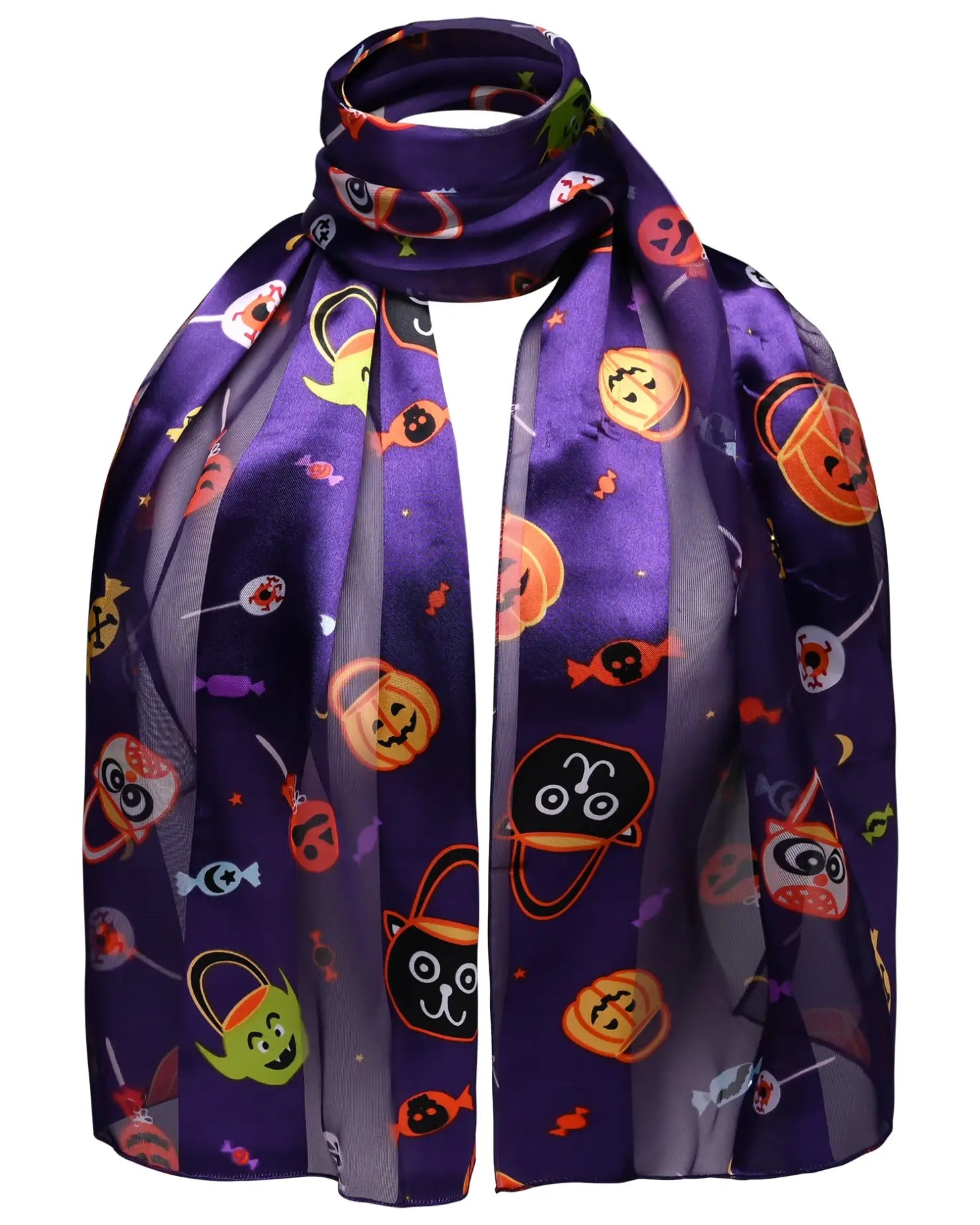 Spooky Halloween satin stripe scarf with pumpkin, monsters, and ghosts pattern