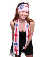 St. George Cross England flag scarf and headband set on display