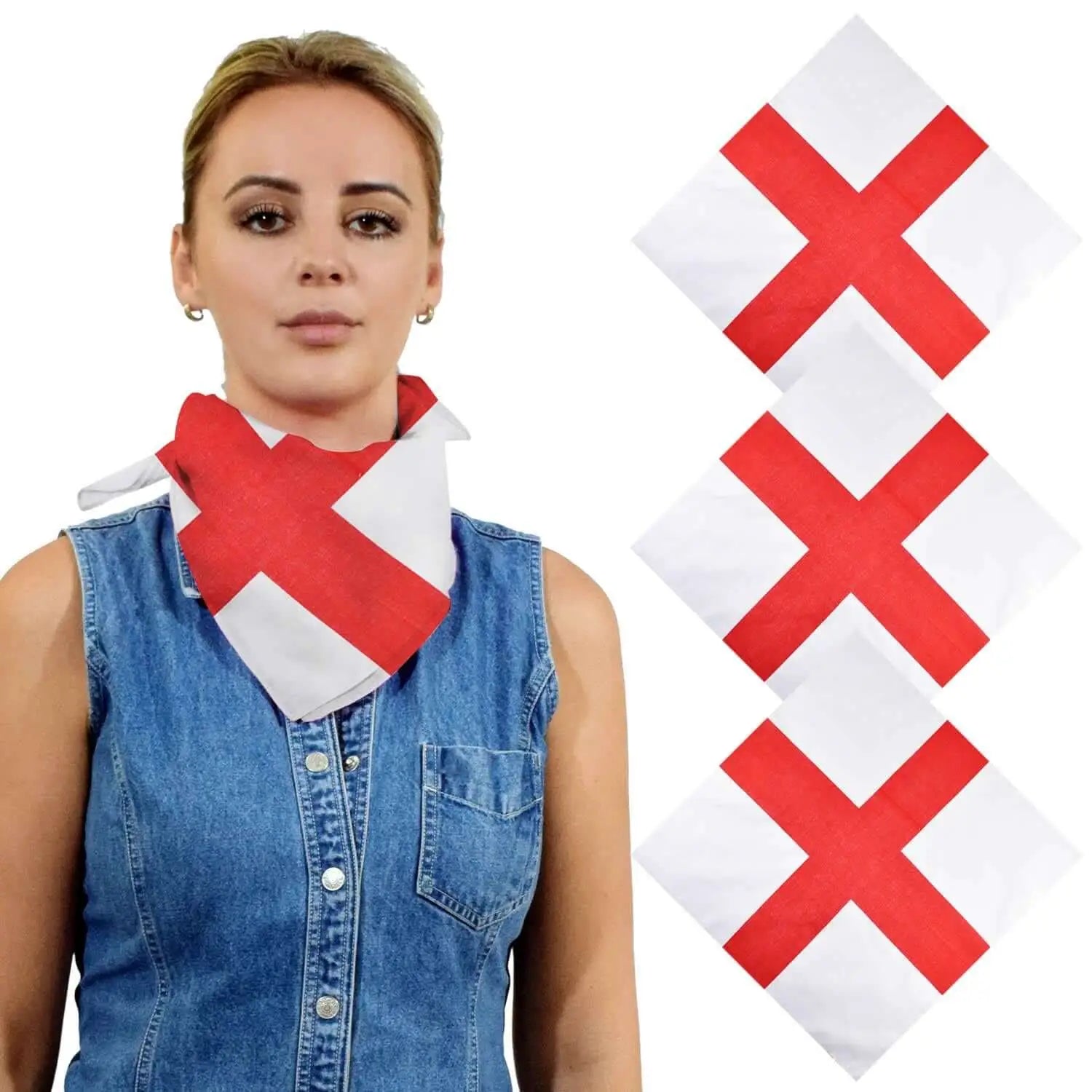 Woman wearing red and white St. George flag bandana set.