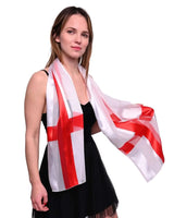 Woman wearing St. George Red Cross Satin Scarf for England Day