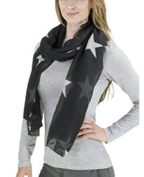 Woman wearing black and white scarf from Star Oversized Scarf Shawl for All Seasons