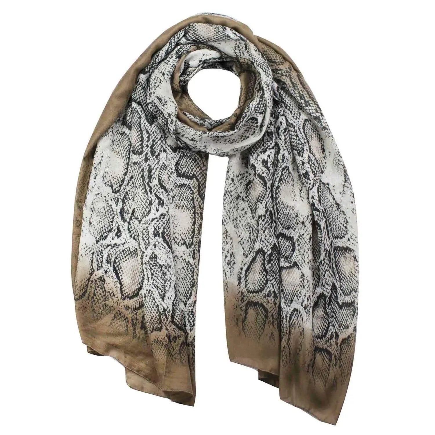 Snakeskin-patterned oversized scarf with tan border, a chic accessory for any outfit