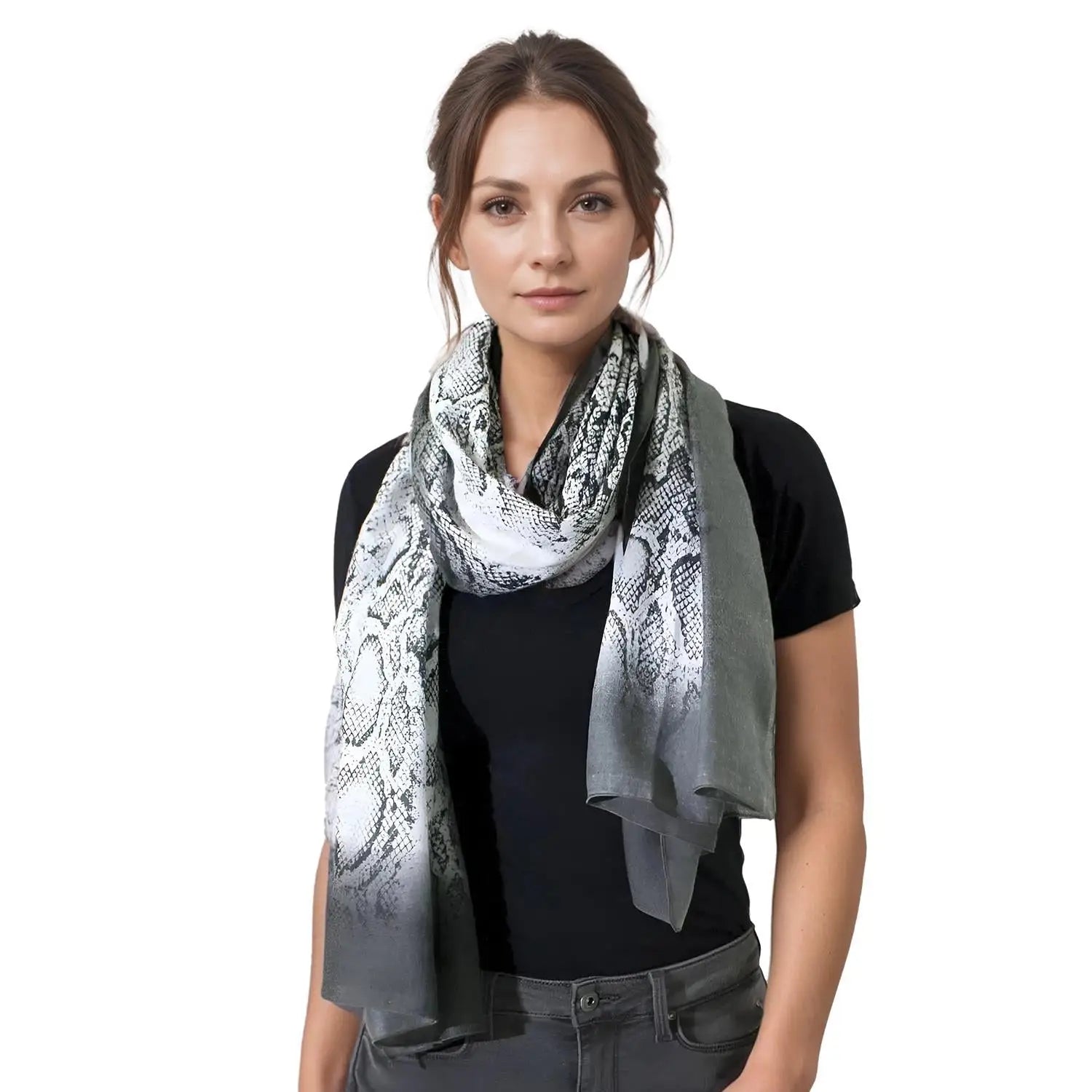 Patterned gray and white scarf wrapped as a snood for a stylish look