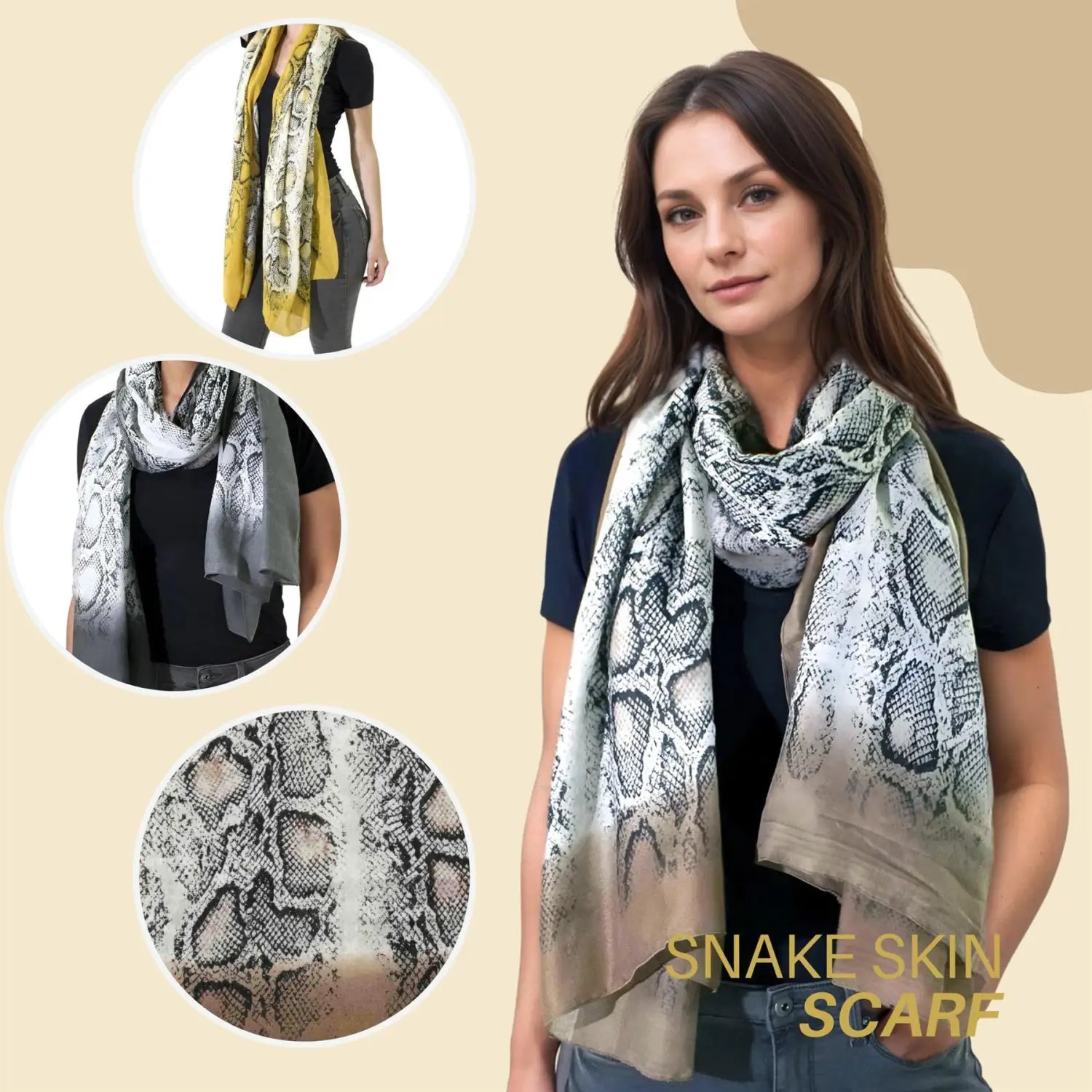 Super Soft Snake Skin Animal Ombre Neck Long Oversized Scarf worn as a stylish snood