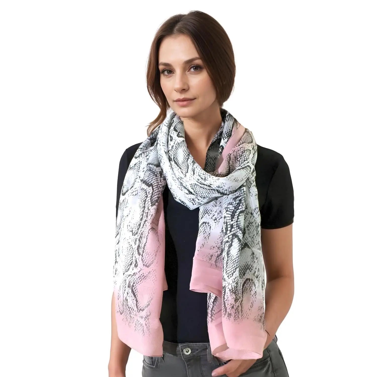 Stylish pink and gray snakeskin pattern oversized scarf, perfect as a snood or basic sense accessory