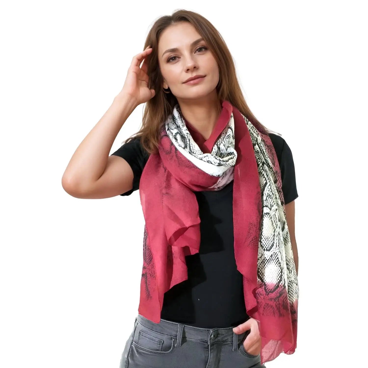 Colorful Super Soft Snake Skin Animal Ombre Neck Long Oversized Scarf worn as a stylish snood