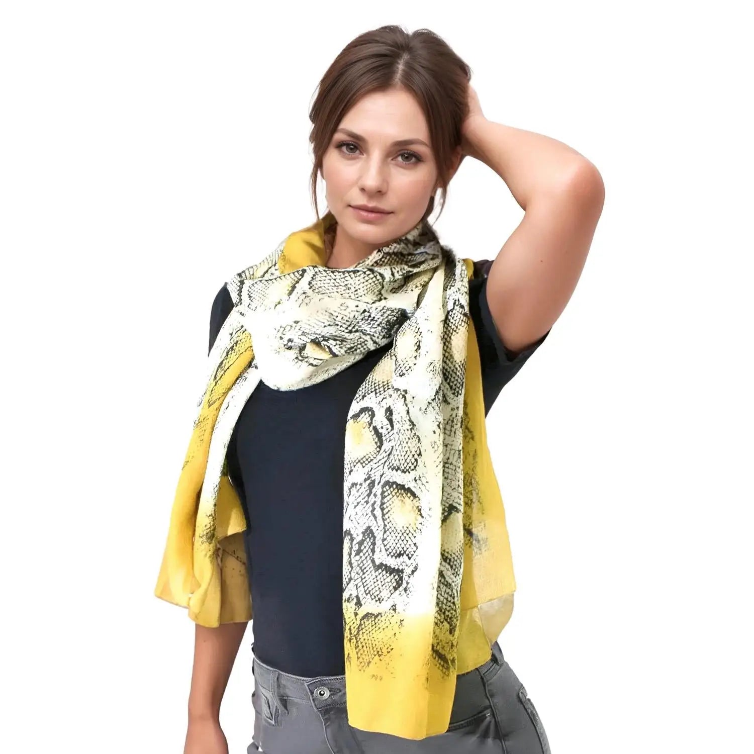 Colorful oversized scarf with yellow accents draped as a stylish snood around neck