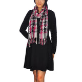 Woman wearing a black dress and a pink and grey woven check scarf - Super Soft Woven Check Scarf