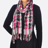 Woman wearing Super Soft Woven Check Scarf in pink and black
