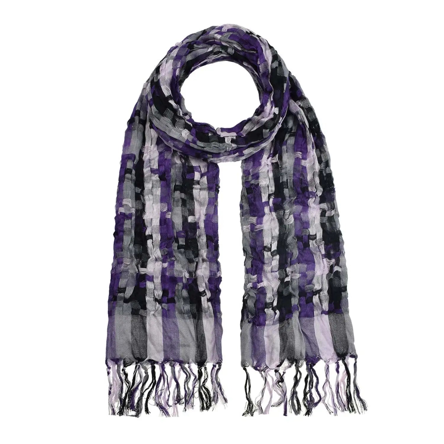 Super soft woven check scarf in purple and black pattern
