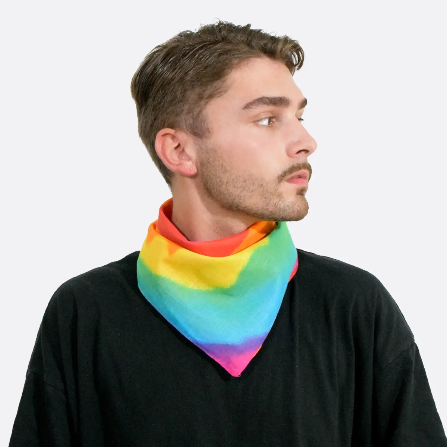 Man wearing Swirl Multicoloured Rainbow Print Square Bandana in 100% Cotton
