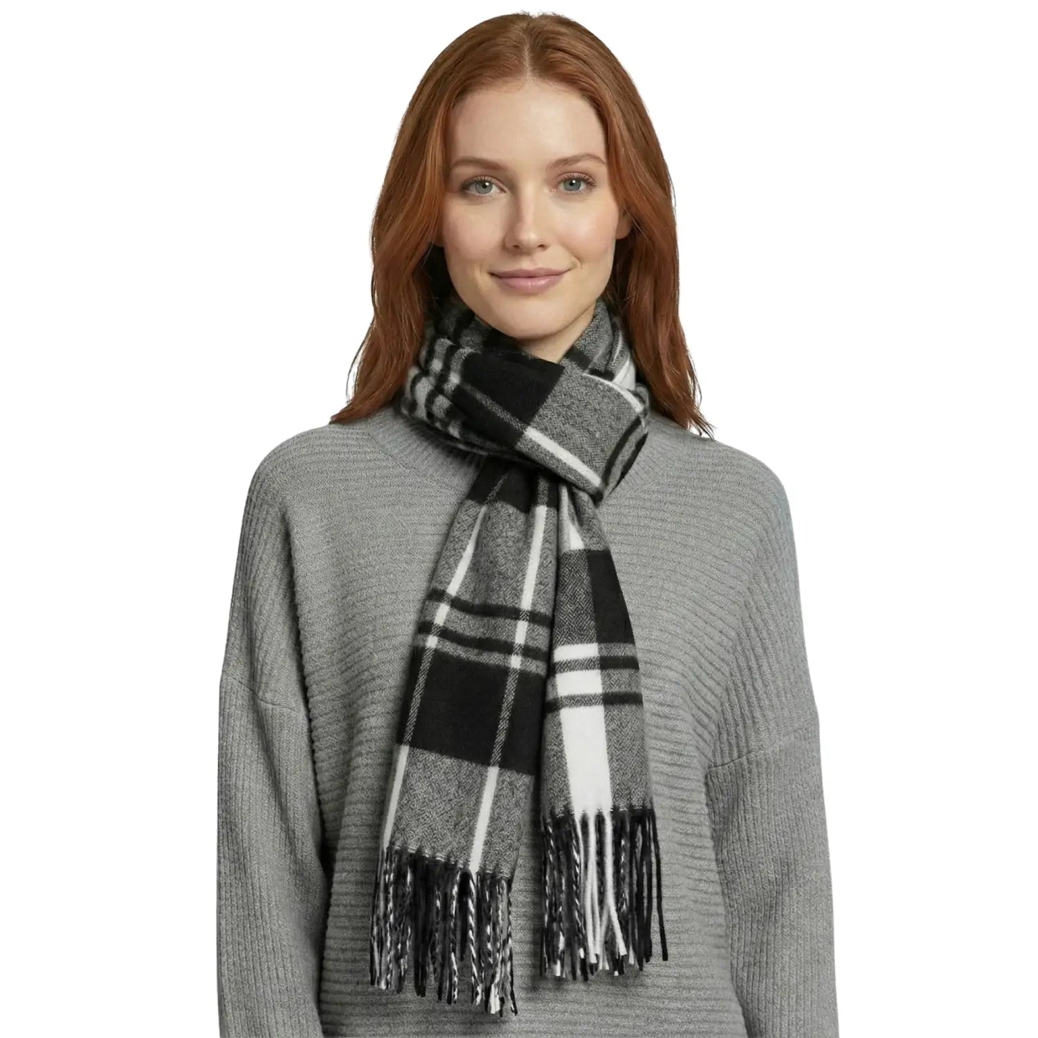Tartan Winter Scarf – Soft & Warm with Cashmere Feel for Men & Women - Black & White - Scarves