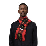 Plaid Tartan Winter Scarf in red, black, and yellow pattern worn around neck