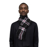 Cozy Tartan Winter Scarf with fringe, worn stylishly around neck for warmth