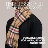 Beige tartan winter scarf with red and black plaid on a dark coat for men and women