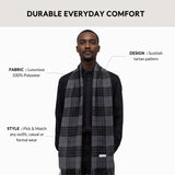 Gray and black plaid scarf over dark shirt highlighting the Tartan Winter Scarf style