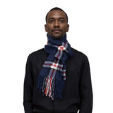 Navy blue plaid scarf with red and white stripes, a cozy tartan winter scarf for all