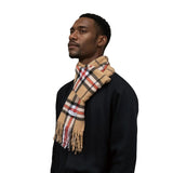 Tartan winter scarf featuring classic Burberry-style pattern worn elegantly around neck