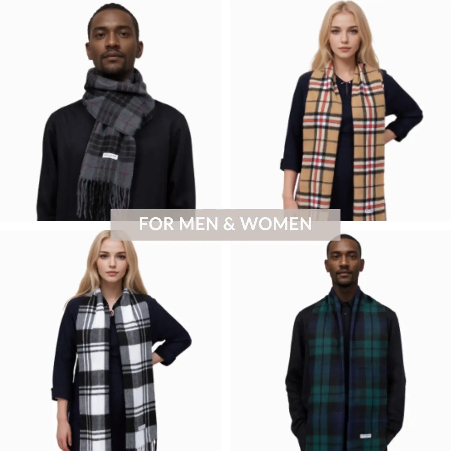 Collection of tartan winter scarves and vests for men and women, soft and warm design