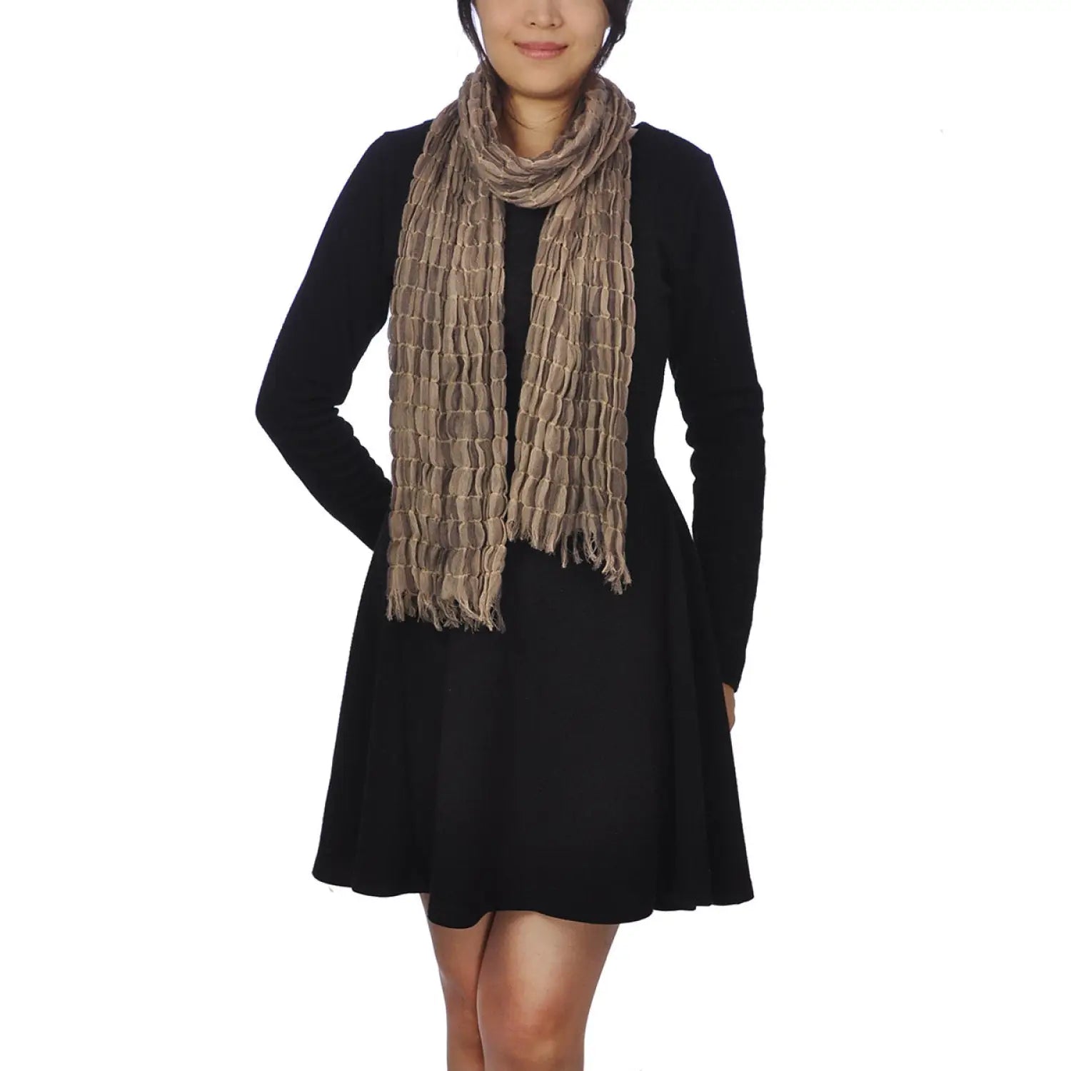 Woman in black dress wearing Textured Check Print Tasselled Warm Crinkled Scarf
