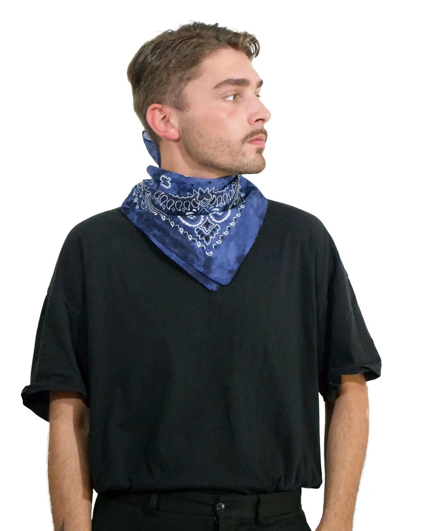 Tie Dye Paisley Print Square Bandana in 100% Cotton - Blue bandana on a person