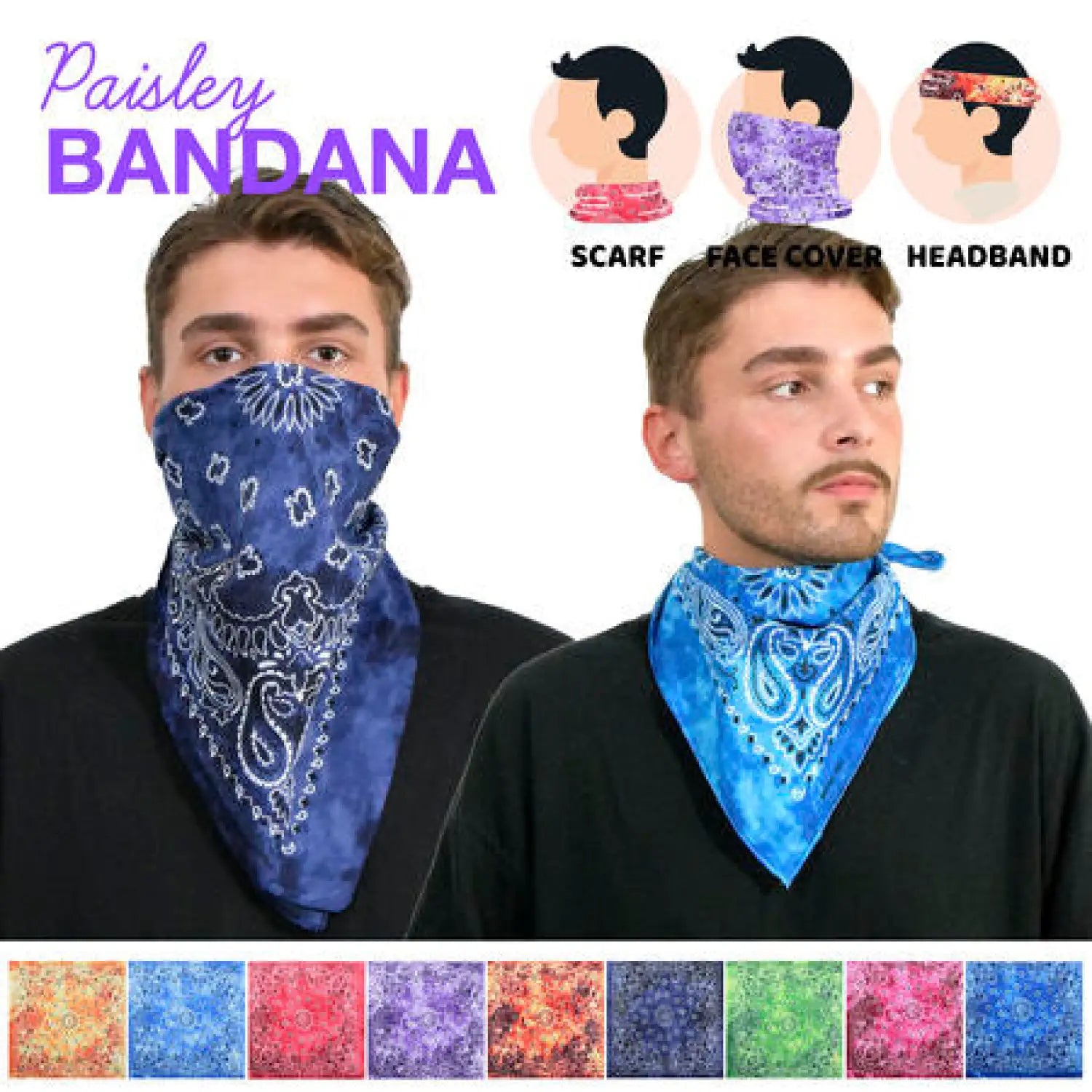 Two men in tie dye paisley bandanas