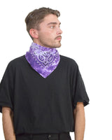 Man wearing purple tie dye paisley bandana from 100% cotton product.